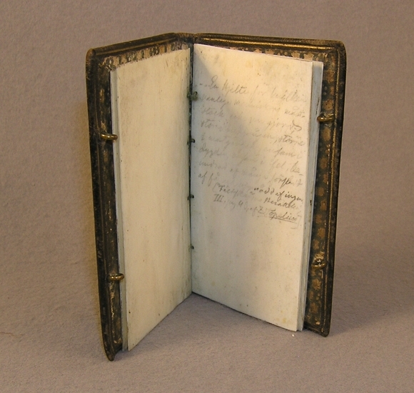 Anteckningsbok som tillhört Kung Carl XII, (1697-1718). Boken är tillverkad av Jacob Ladmiral, Amsterdam.

Pappärmar klädda med svart skinn, mässing beslag, 6 st blad gjorda av elfenben fastsatta med tråd. 
Med boken följer små noteringar.