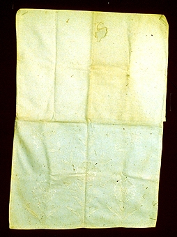 Nattdräktsfodral sytt av ett vitt bomullstyg med vitt blombroderi på locket.



Neg.nr: 1988-01