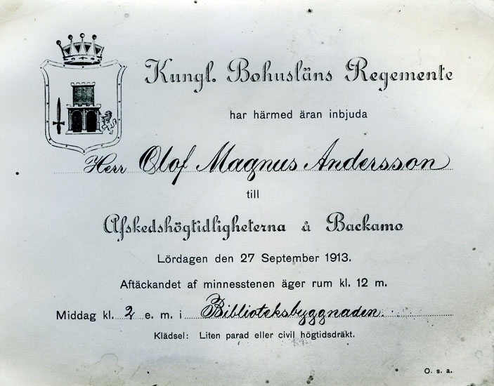 Enligt Bengt Lundins noteringar: "Inbjudningskort till avskedshögtidligheterna på Backamo lördagen den 27 september 1913".