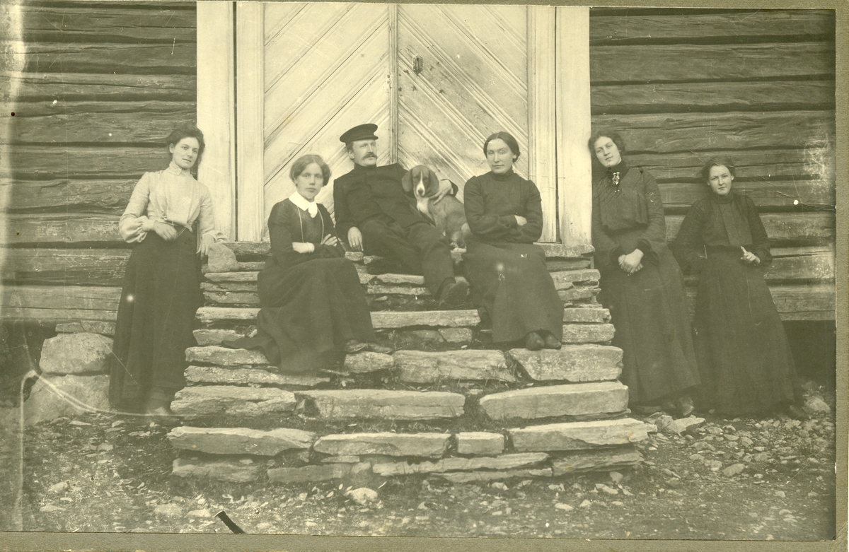 5 kvinner, en mann og en hund sitter på og står rundt ei trapp.
