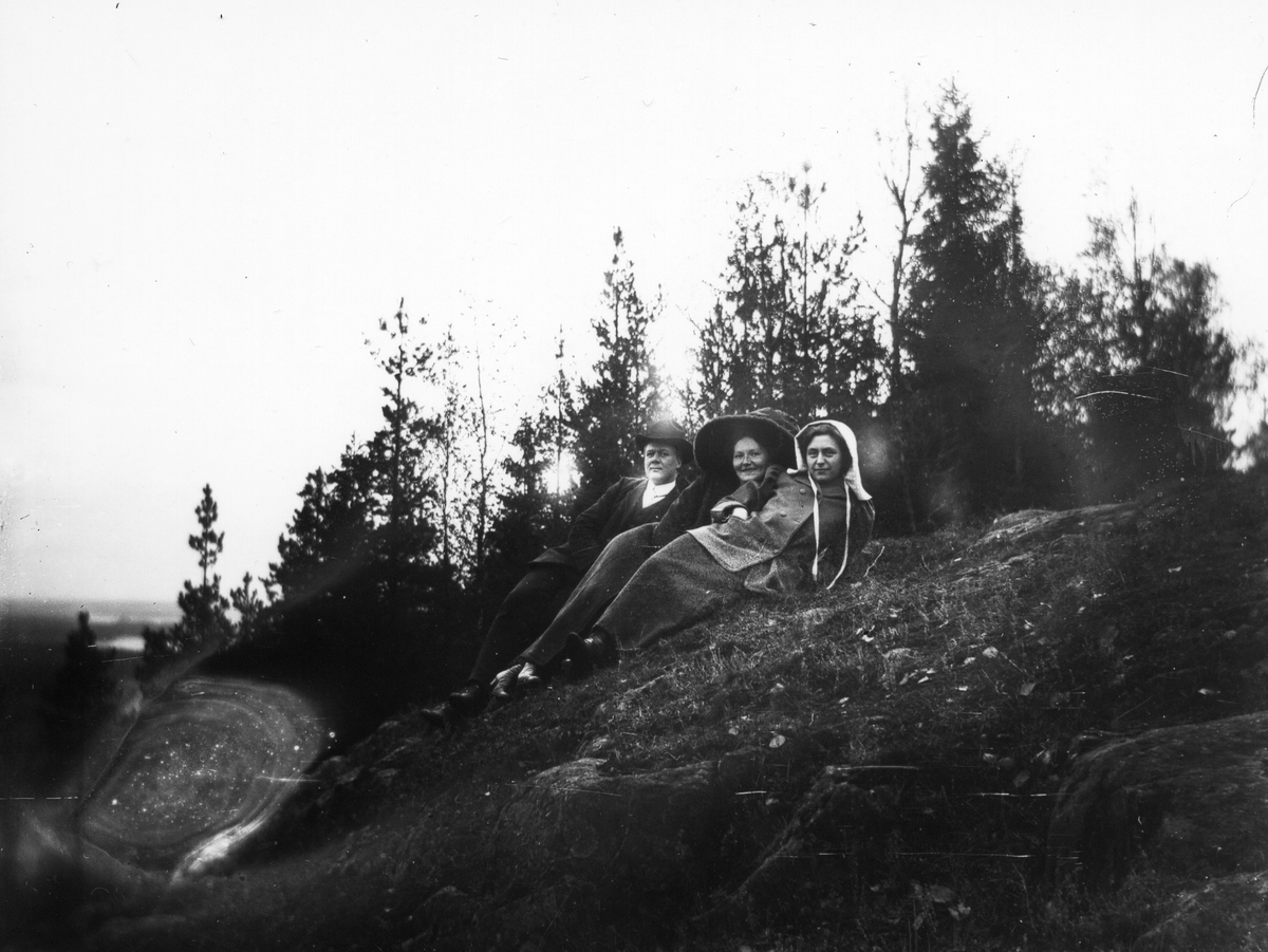 En man och två kvinnor i gröngräset på högt belägen plats.