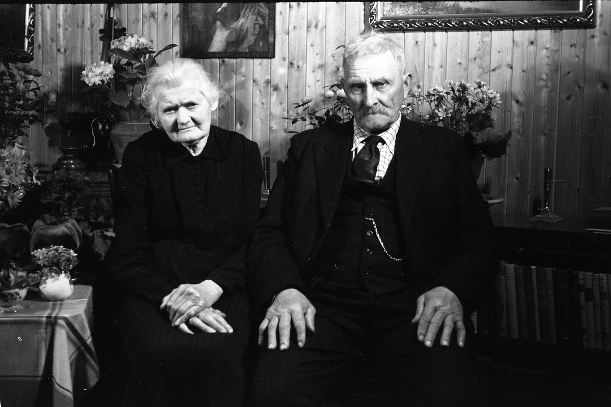 Portrett av Sigurd Røislis svigerforeldre, Hilda Marie og Peder Anton Gårderhagen. Bildet er trolig tatt i forbindelse med Hildas 80-årsdag. Fire bilder.