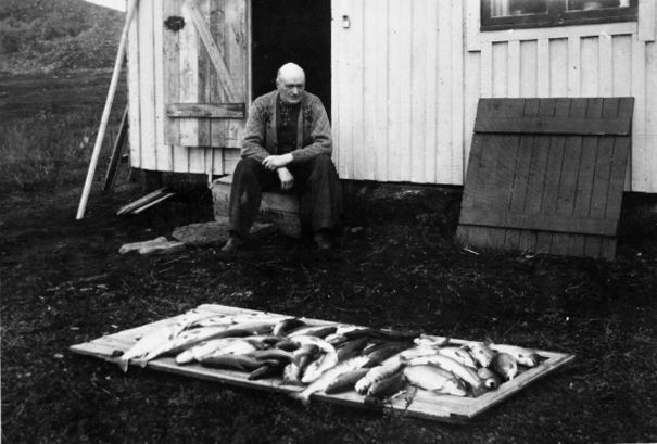 Olav Schanke på fisketur.  Det ligger masse fisk foran han. Kongsfjordfjellet ca 1955-60.
