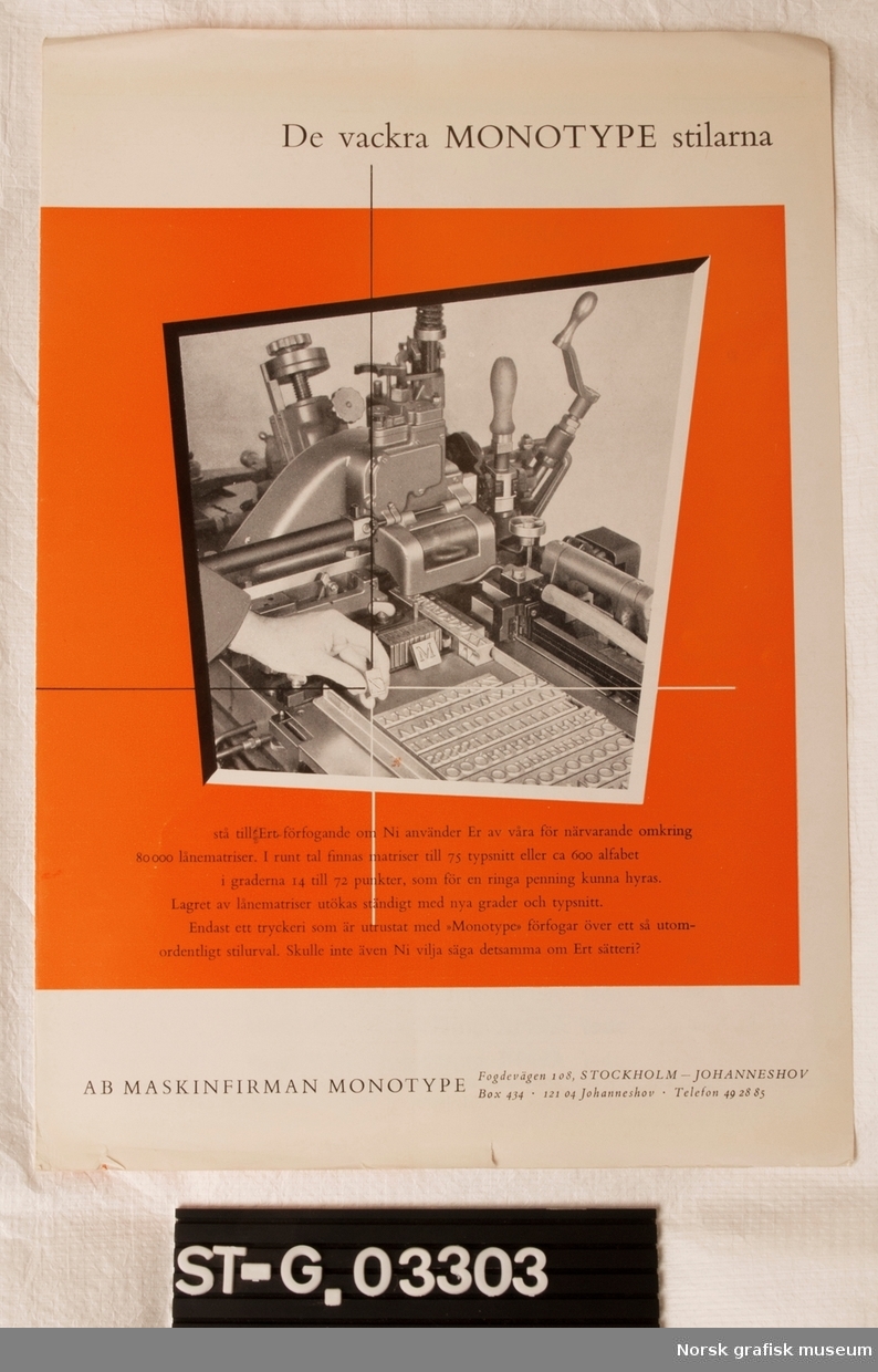 4 sidig svensk skriftkatalog for AB Maskinfirman Monotype, Stockholm.