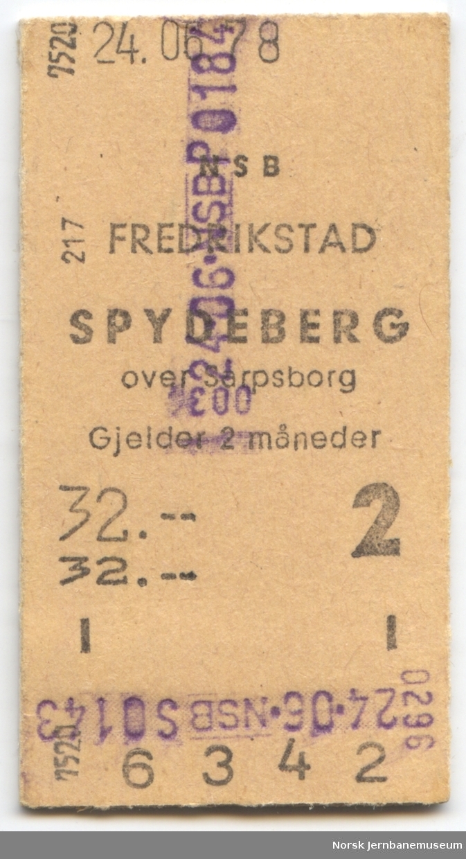 Billett Fredrikstad-Spydeberg 2. kl., maskinbillett
