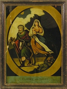 Enl. Liggaren: "Tavla. Glasmålning"Flight into Egypt", Josef leder en åsna, som Maria med barnet sitter på, svart ram med förgylld inre list hel"

Neg. nr: C.Å. 81/52:16
