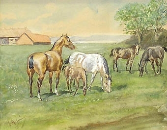 Enl. Liggaren: "Akvarell, betande hästar. Signerad: J. Arsenius, 95. Inramad i mörk guldram. Storlek: 52.2 x 48 cm."