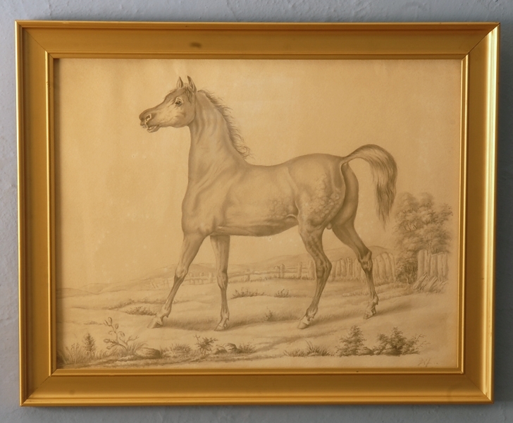 Enl. Liggaren:"Akvarell Lavering, häst. signerad: Hf ---- Inramad i guldram. "