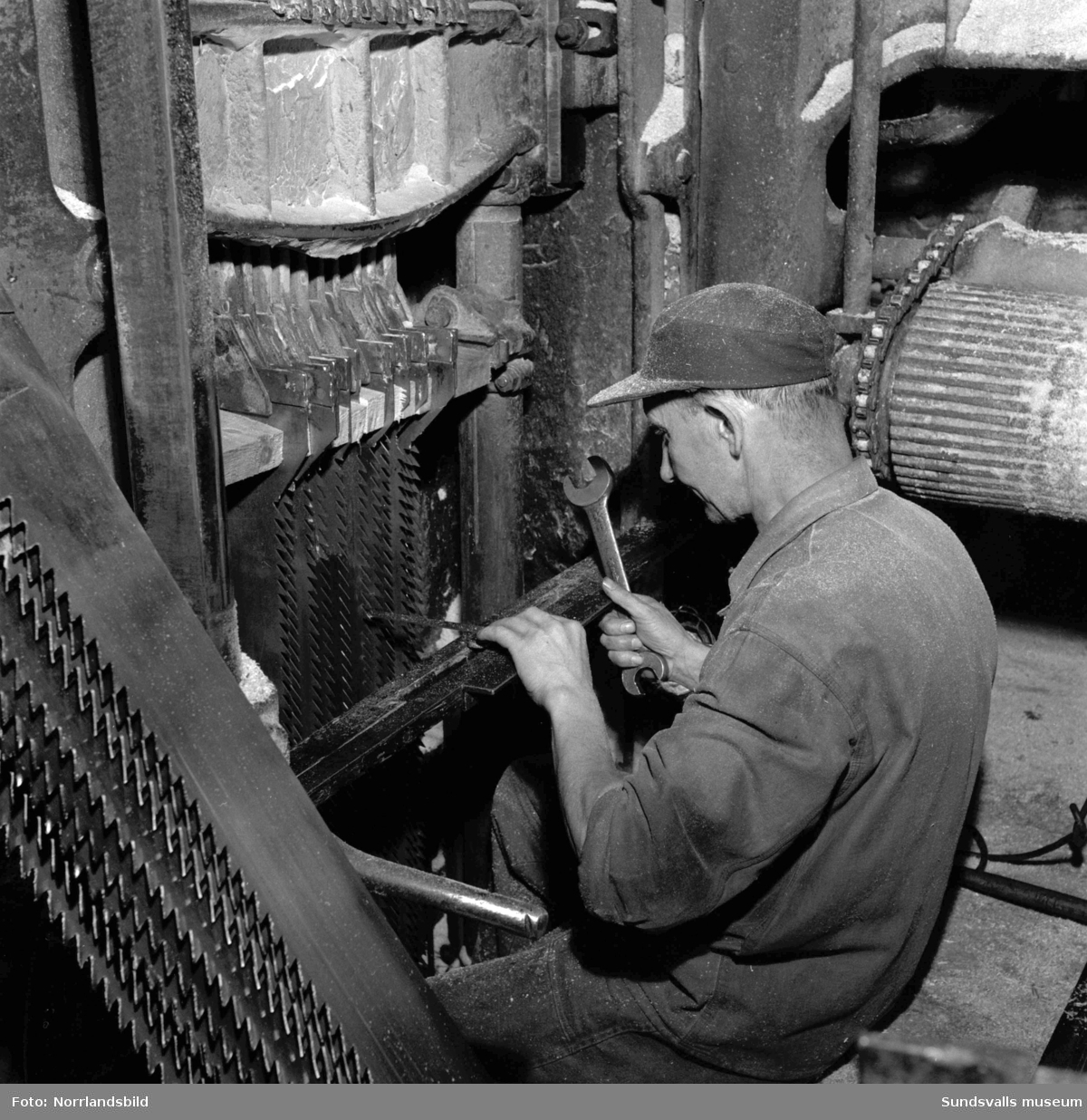 Bilder från verksamheten inne i Skönviks sågverk med maskiner och arbetare.