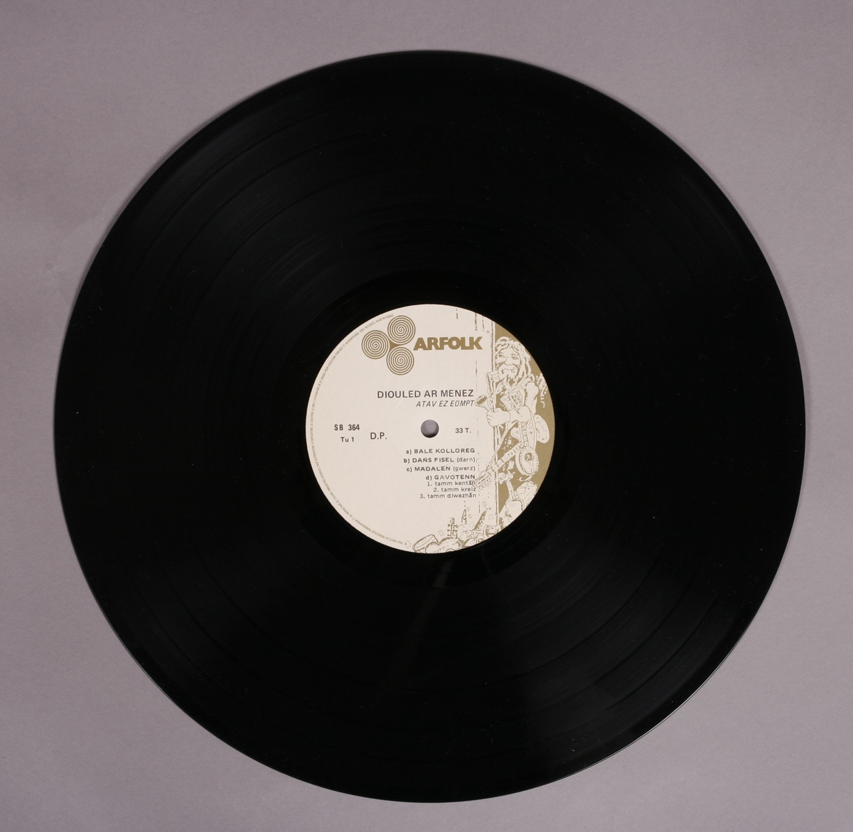 Grammofonplate i svart vinyl og plateomslag i papp. Plata ligger i en plastlomme. Inneholder fire A4-ark med manus (?) merket "bånd-kopi" og "musikk av Bretange" (se bilde).