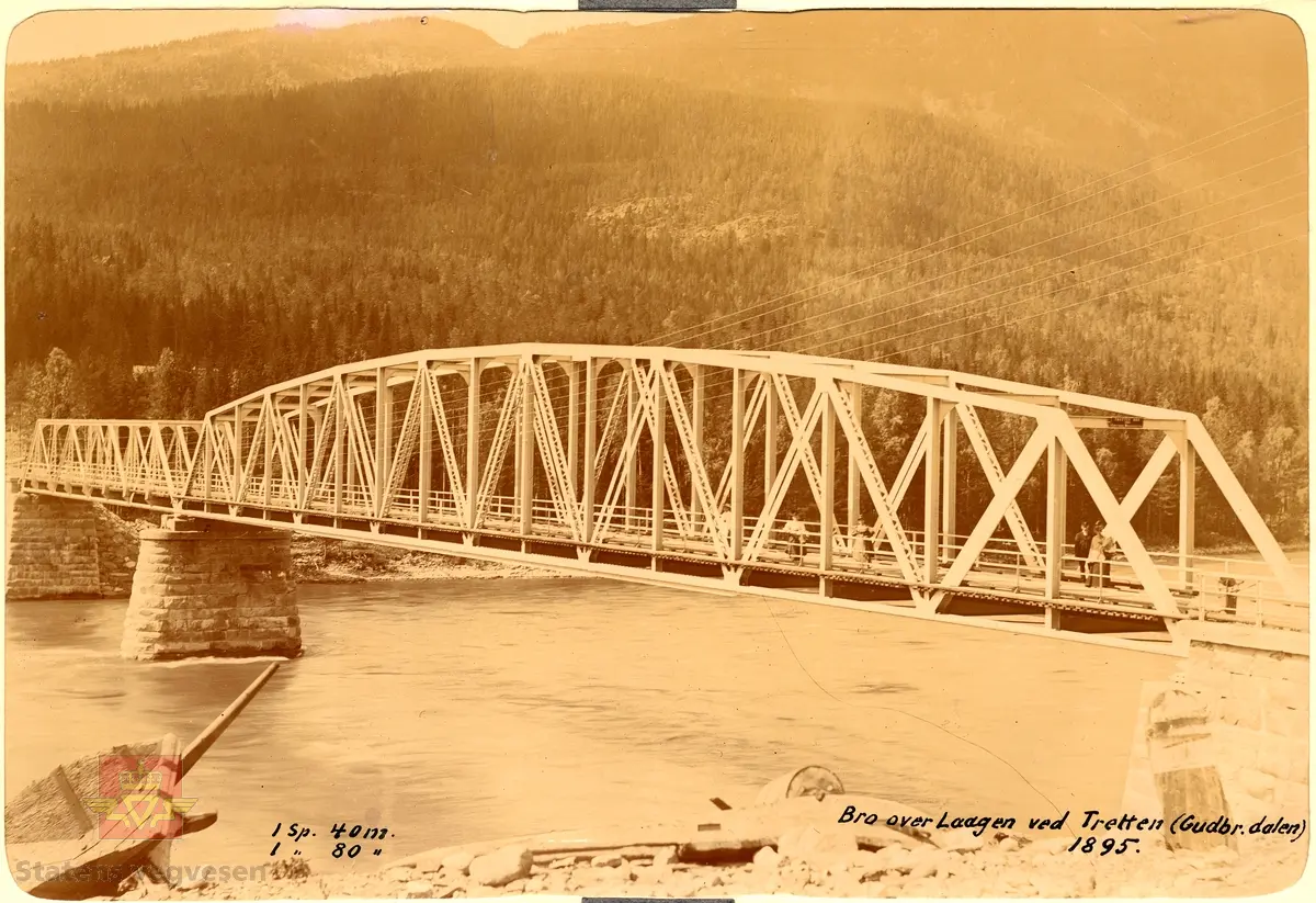Arbeidslag legger asfalt på Tretten i Gudbrandsdalen. I bakgrunnen skimtes den gamle fagverksbrua fra 1890-tallet. 

08.01.2018: "Det er 25 karer på bildet, de fleste lokale størrelser. Fra venstre nr 1 Kristian Kraabøl Bergmo, 2 Alf Kraabøl, 3 ukjent, 4 Nils Brodal, 5 ukjent, 6 ukjent, 7 Johan M. Kraabøl (vegvokter), 8 Johan Hovdsveen, 9 Magne Kraabøl, 10 Johan Flatemo, 11 Alf Formo, 12 ukjent, 13 ukjent, 14 Wilhelm Olsen, 15 Hans Strangstadstuen, 16 Arnt Løvmo, 17 Reidar Løvmo, 18 ukjent, 19 Karsten Nordgård, (foran Gunnar) 20 Gunnar Flatemo (bakerst), 21 ukjent, 22 ukjent, 23 Ingvald Botheim, 24 ukjent og 25 Alfred Stalsberg". 

Se mer informasjon om dette bildet under Historikk lenger ned på siden. Opplysningene er gitt av Odd Bjerke. 

Klikk på pilen til høyre og se bilde av Tretten og Øyer bru i Øyer kommune i 1895. Bildene er fra amtsingeniør Nicolai Olaf Saxegaards album hvor bruene er avbildet. Se Relasjon og relaterte objekter NVM 00-F-03205 og NVM 00-F-03206 for mer informasjon lenger ned på siden.