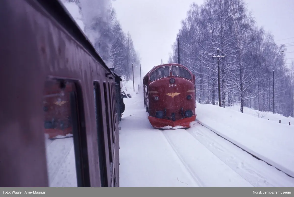Fra tog 308 Lillehammer-Oslo, foto forover med damplokomotivet og møtende tog 401 med diesellokomotiv