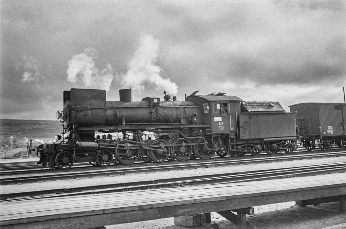 Damplokomotiv type 26b nr. 229 i sydgående godstog på Røros stasjon.