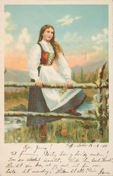 Postkort håndkolorert, tegning,  motiv ung pike i bunad. Pos