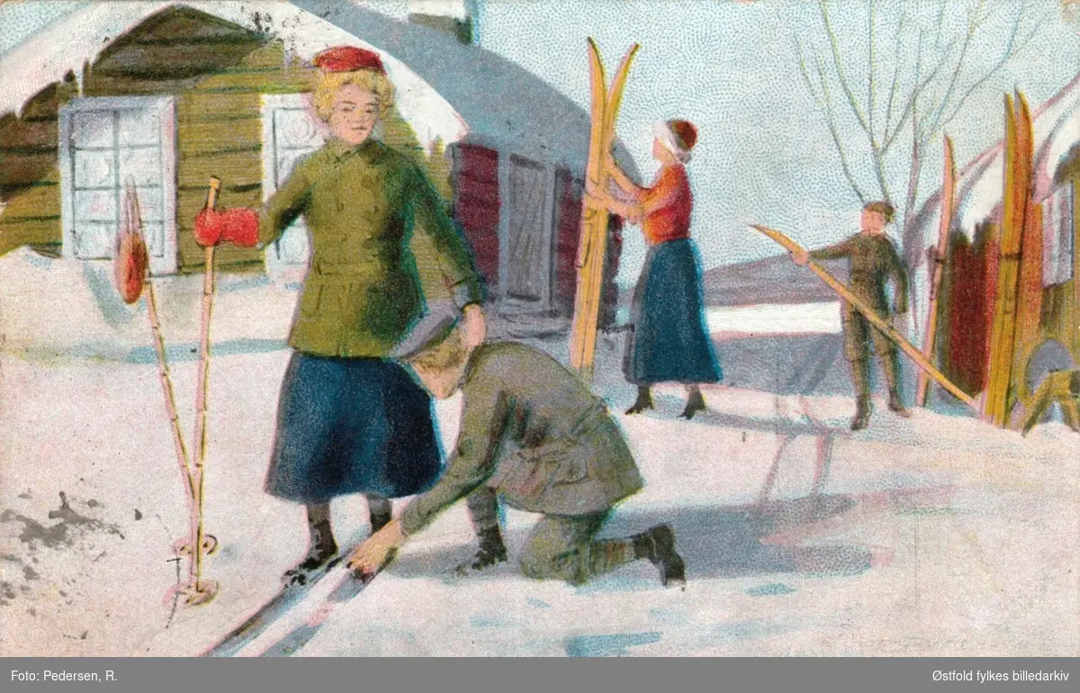 Julekort. Tegning. Skigåing. Signert R. Pedersen. Poststempla 1914.
