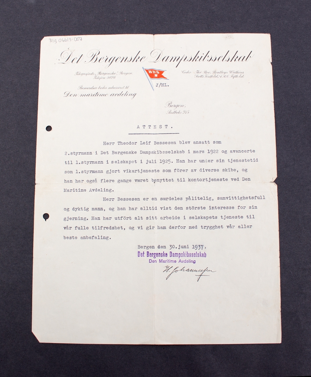 Attest gitt til Theodor Leif Bessesen fra Det Bergenske Dampskibsselskab, Den maritime avdeling, datert 30. juni 1937
