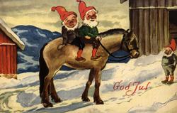 Julekort. Ubrukt. Vintermotiv. To nisser til hest. En tredje