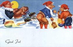 Julekort. Ubrukt. Vintermotiv. Nissemotiv. Nisser hviler ut.