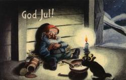 Julekort.Ubrukt. Interiørt uthus. Sovende nisse ved grøtfate