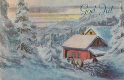 Julekort. Nyttårshilsen. Vintermotiv. Et gårdsanlegg omgitt 