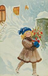 Postkort. Julehilsen. Vintermotiv. En jente står foran et sn