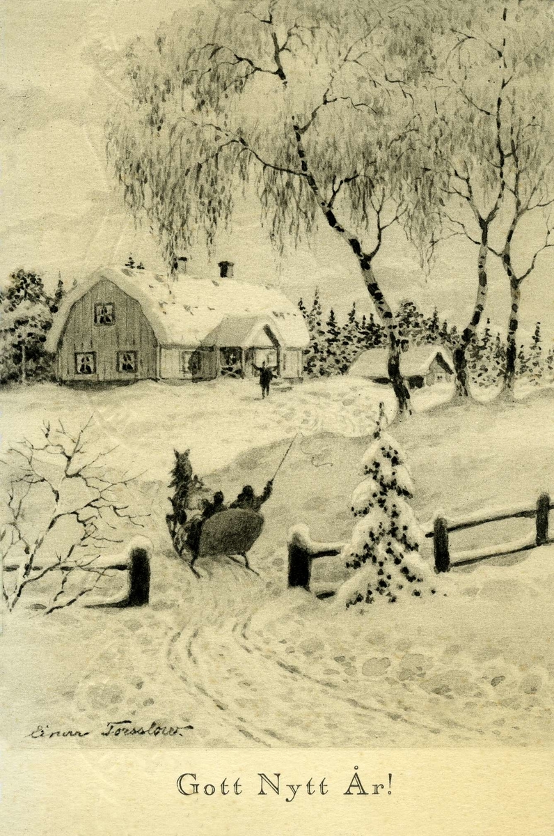 Nyttårskort. Jule- og nyttårshilsen. Tegning i svart/hvitt.Hest og slede på vei opp mot et gårdstun hvor de blir ønsket velkommen av en mann Stemplet 24.12.1927.