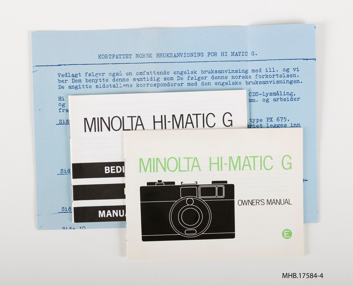 Fotoapparat Minolta Hi-Matic G (35mm filmrull) m/etui og bruksanvisning ligger i original emballasje. Rokkor f2,8 linse.
Produksjonssted: Japan.