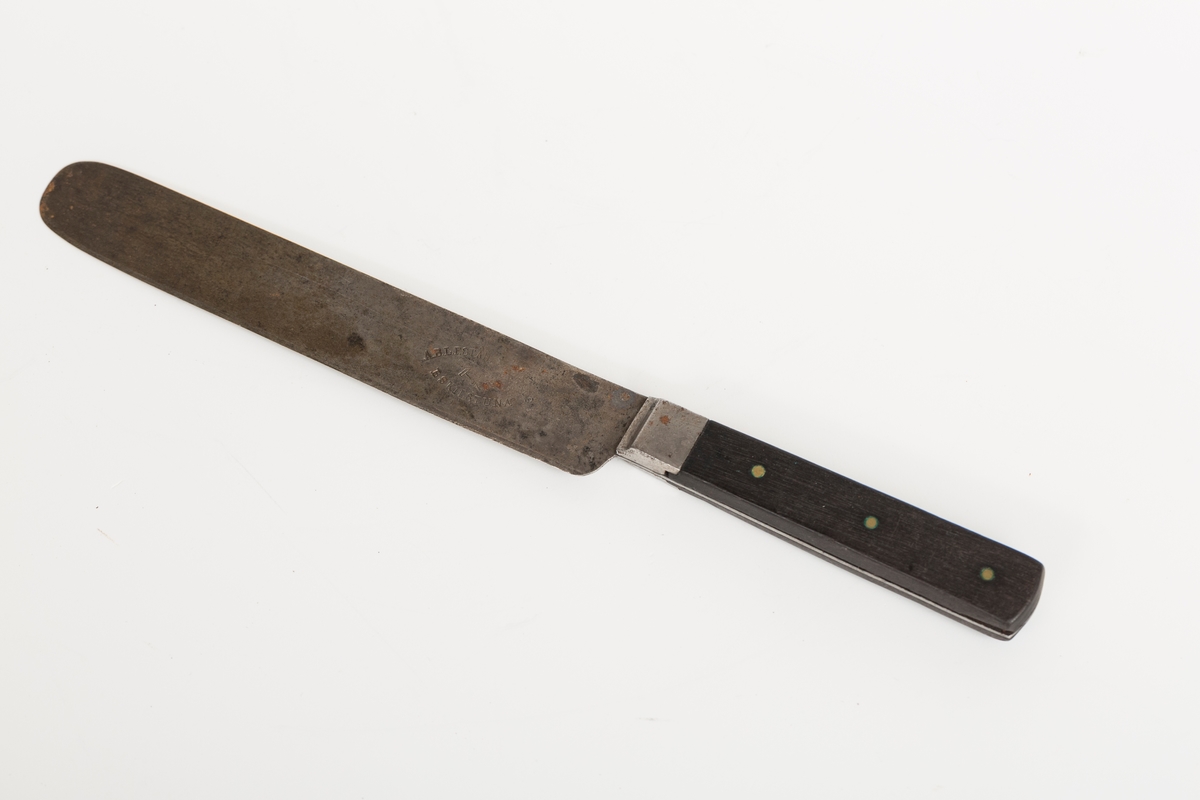 Kniv i stål med gjennomgående tange. Naglede treplater i skaft.