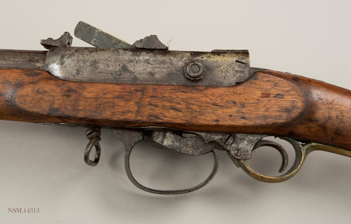 Geværet er av modell 1845/67 og produsert for marinen i et antall på ca.100. Geværet er langt kortere enn Modell 1860 for hæren og bedre til bruk om bord i skip. Det er vanskelig å skille de ulike kammerladningsmodellene fra hverandre men geværet har to trekk som skiller; baksiktet er utviklet for denne modellen og skruene i låsen er nummererte.

Våpenet er i dårlig stand og mangler utstøter/pussestokk og knappen på låsearmen.