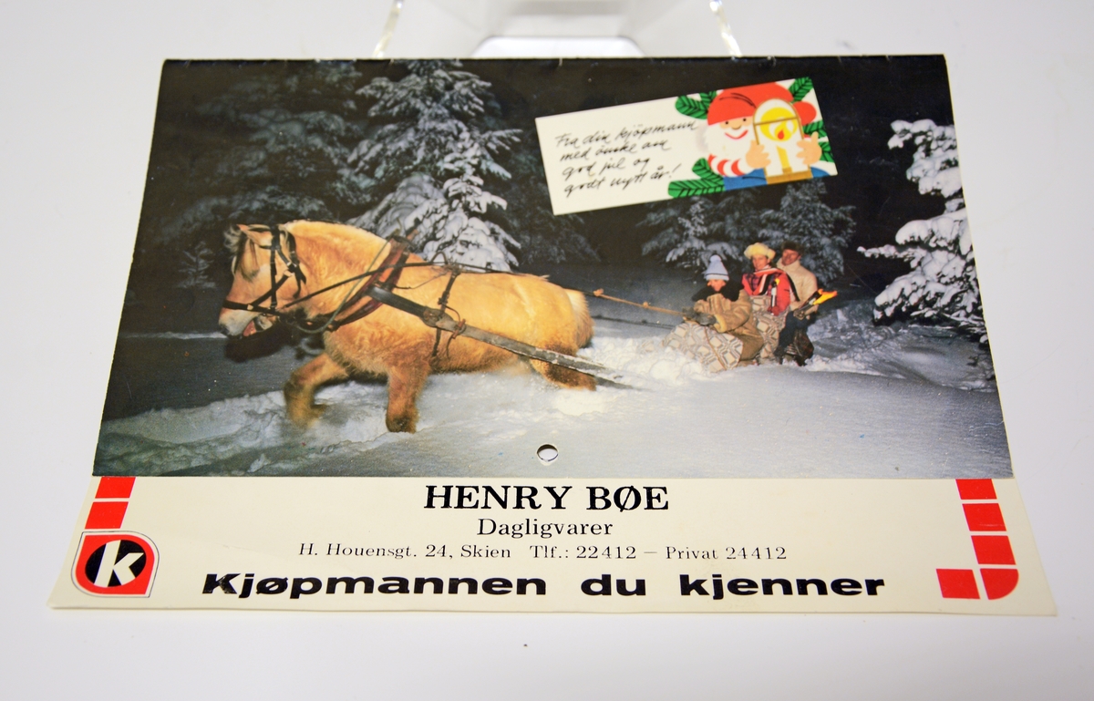 Kalender fra 1986 - julegave til gode kunder i Henry Bøes kolonial på Brekke i Skien.