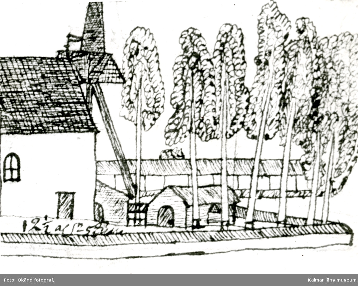 Detalj ur teckning av P.Frigelius 1747, Dörby by, bygatan.