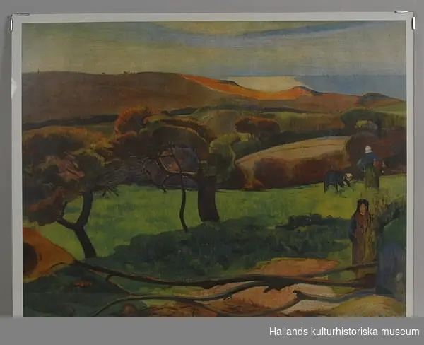 Reproduktion, av oljemålning, motiv: "Landskap i Bretagne" av Paul Gauguin (1889). Tavlan inkluderar en vit ram. Glasad, hörnklämmor.