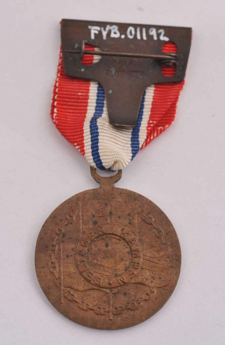 Medalje i bronse, med band i flaggfargane og rosett midt på. På framsida av medaljen er riksvåpenet, på baksida eit vaiande flagg og ei broten lenkje.