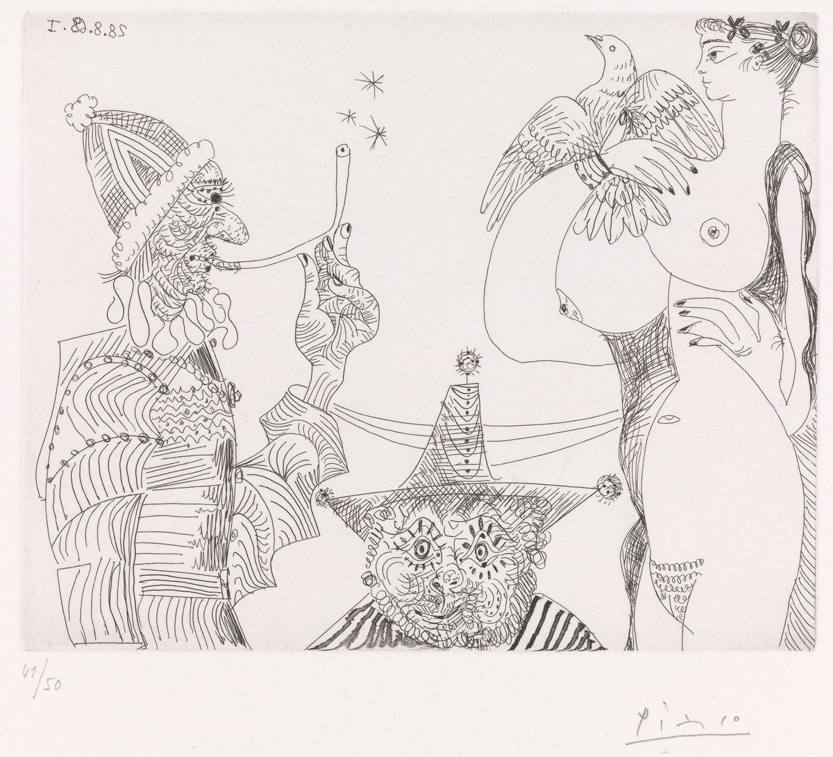 Opiumsdrømmer: Røykende mann med pavekalott oppdager treenighetens mysterium i en kvinnes bryst og due, med en bajas med tresnutet hatt i bakgrunnen [Grafikk]