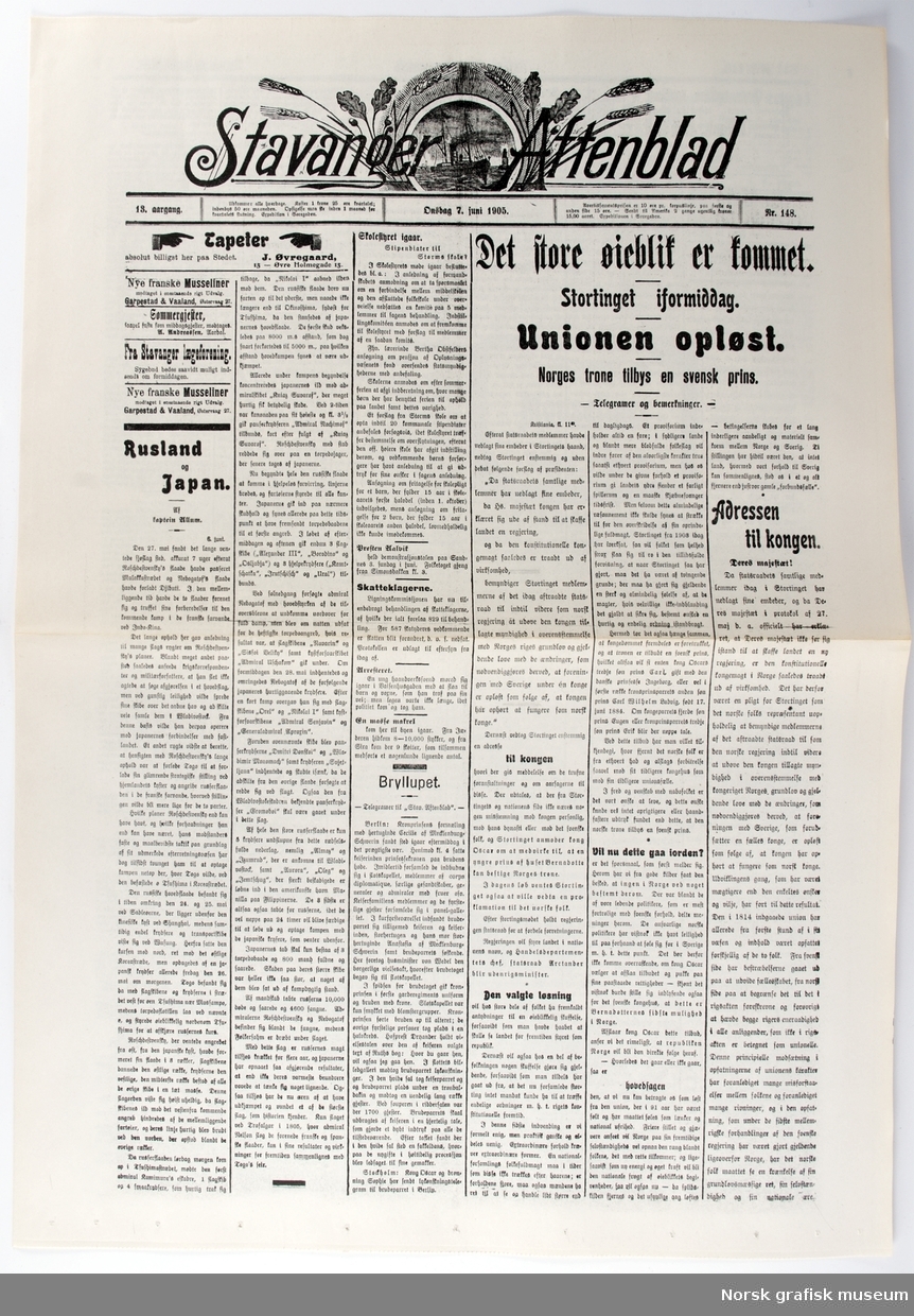 Stavanger Aftenblad: Onsdag 7. juni 1905: unionsoppløsning fra Sverige.