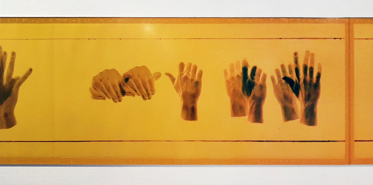 "Etalasjens dialog" består av to fotografiske friser forseglet til veggen, og viser en samling "gestikulerende" føtter og hender i et kor av kroppslig kommunikasjon.