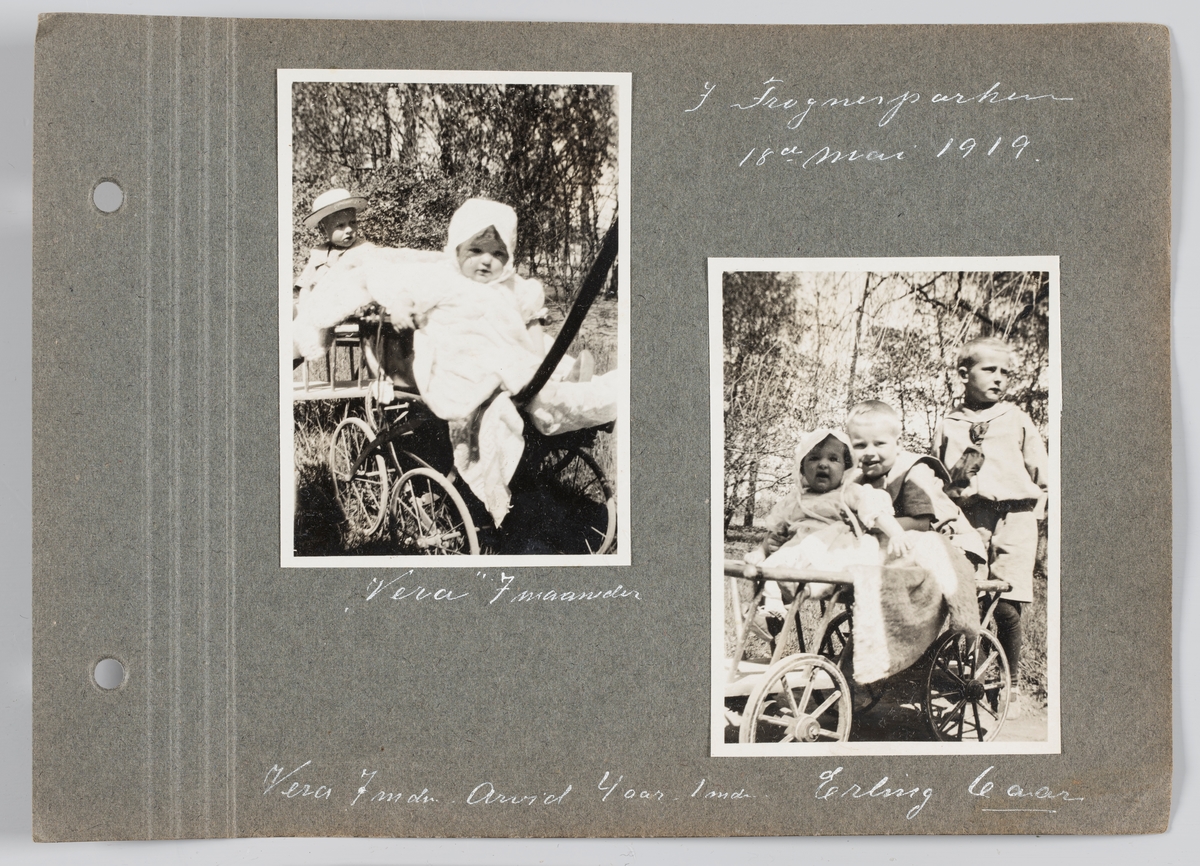 Bilde til venstre: Vera Kristine Holck f. Michelsen, 7 mnd, i Frognerparken 18.mai 1919.
Bilde til høyre:  Vera Kristine Holck f. Michelsen, Arvid Michelsen, Erling Michelsen