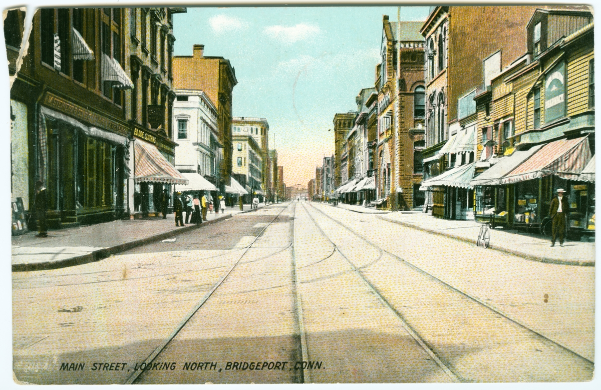 Vykort. Bridgeport, Connecticut "Main street, Looking north. Bridgeport, Conn"