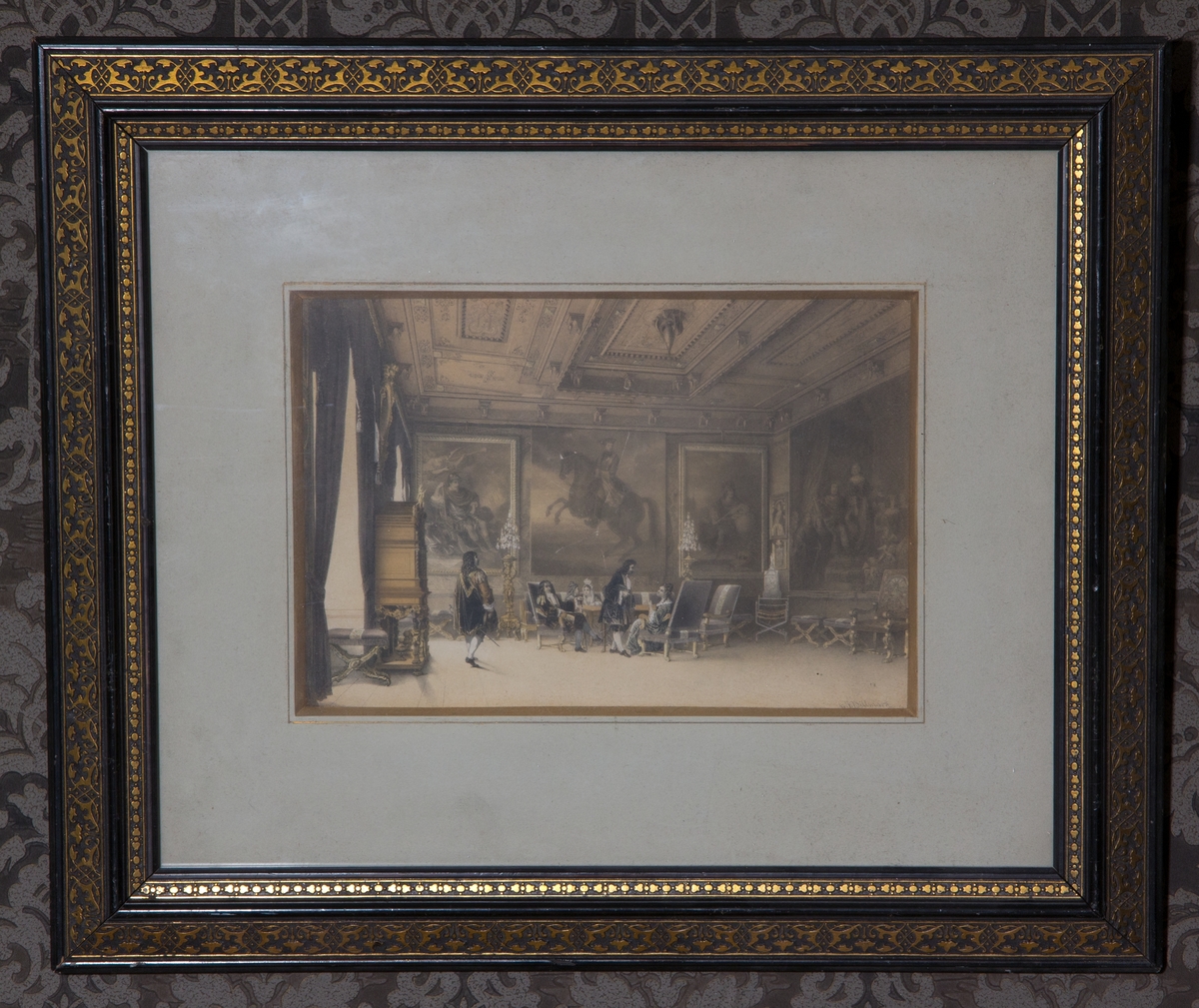 Trycket visar en interör, konselj-rummet på Gripsholms slott. I bilden finns personer avbildade iförda 1600-tals dräkter.