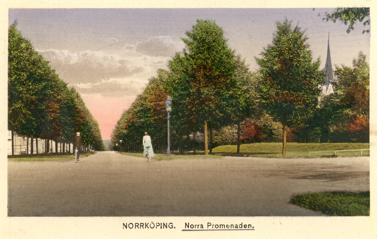 Kolorerat vykort med vy från Norra Promenaden i Norrköping.