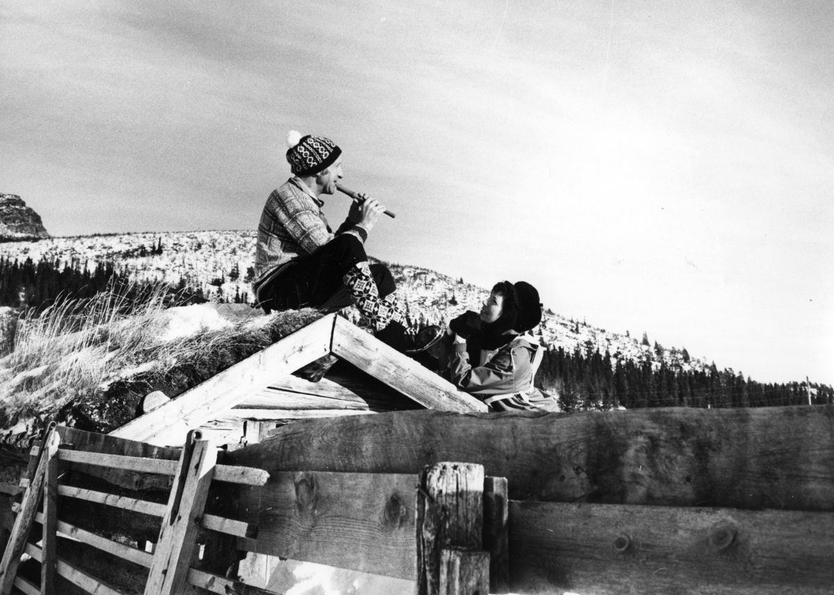 Egil Storbekken sitter på taket og spiller tussefløyte.Rise Geønoset ser på. Skjæringfjell, februar 1972