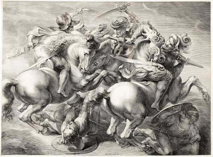 Kopparstick. 
"Slaget vid Anghiari, (eller "Striden kring fanan"). 
Stridsscen med hästar.
Stucket efter Rubens' teckning (ca 1603) ( i Louvren, Paris) av Leonardo da Vincis numera försvunna fresk 
(från 1505) i Palazzo Vecchio, Florens.