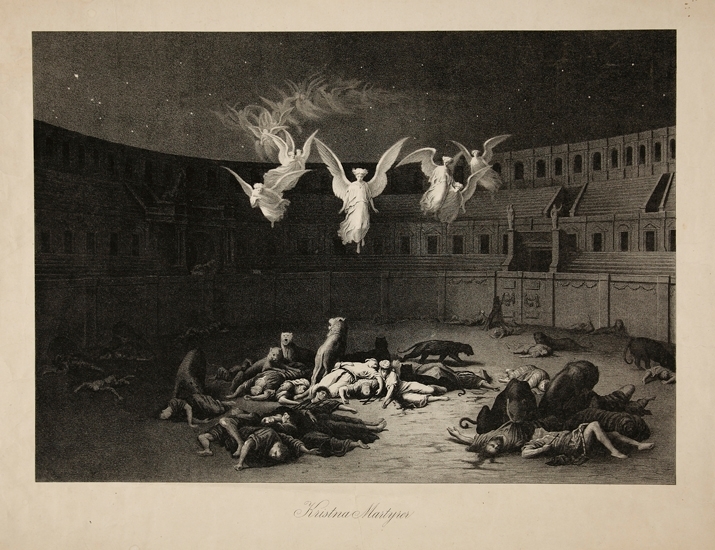Litografi (reproduktion). 
Kristna martyrer. 
En änglaskara sänker sig ner över Colosseum för att hämta döda kristna till himlen.