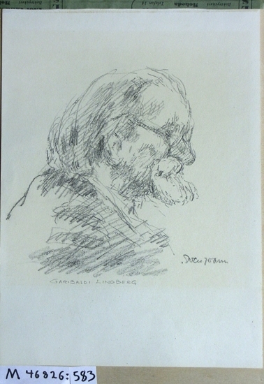 Kolteckning.
Porträtt av äldre man med glasögon och skägg.
Garibaldi Lindberg (1863-1957)