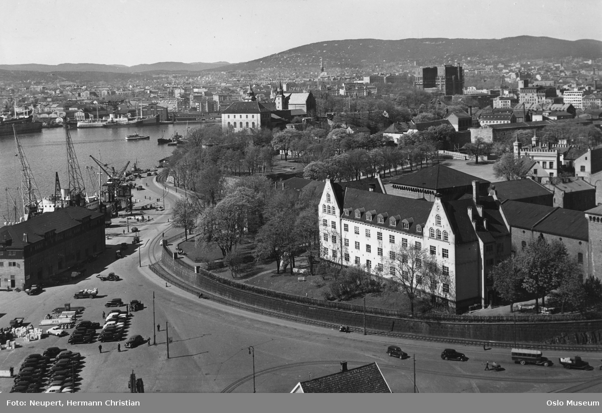 utsikt, fjord, havn, kraner, biler, Akershus festning