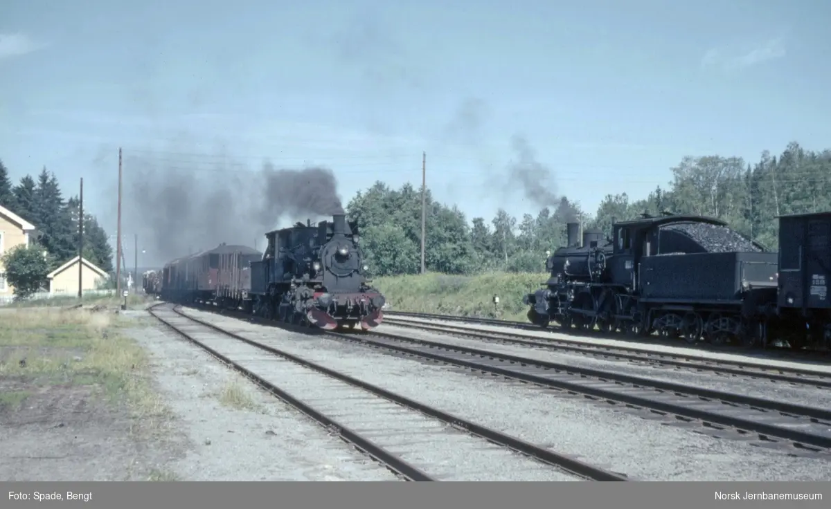 Kryssing mellom to godstog på Arneberg stasjon. Togene trekkes av damplokomotiver type 27a nr. 234 (t.v) og 248.