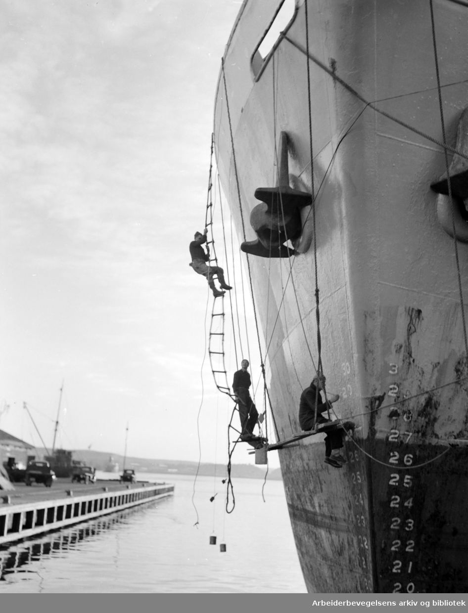 Havna. Maling av skip. Desember 1951