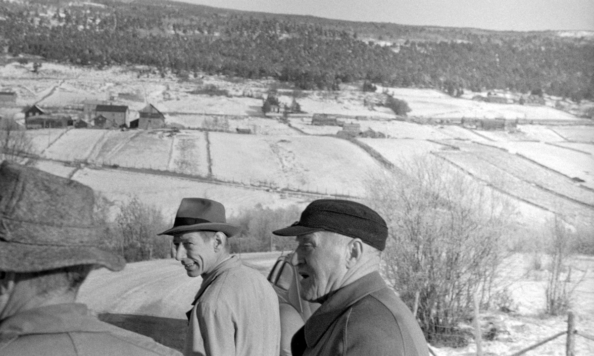Befaring ved Bøbrua eller Bøbrue over Gudbrandsdalslågen i fjellbygda Lesja i Oppland.  I forgrunnen ser vi ansiktene på to menn (Jahren og Gillebo) og nakken på en tredje, antakelig representanter for Glomma fellesfløtingsforening.  Karene var på brubefaring ved den øvre delen av Lågen en kald oktoberdag i 1955.  I bakgrunnen ser vi lia på nordsida av elva med Bø-gardene og omkringliggede dyrket mark, som da dette fotografiet ble tatt var dekt av et tynt snølag.  I lia ovenfor vokste det furu og bjørk mot tregrensa på fjellet Nosi, der toppen ligger 1 111 meter over havet.