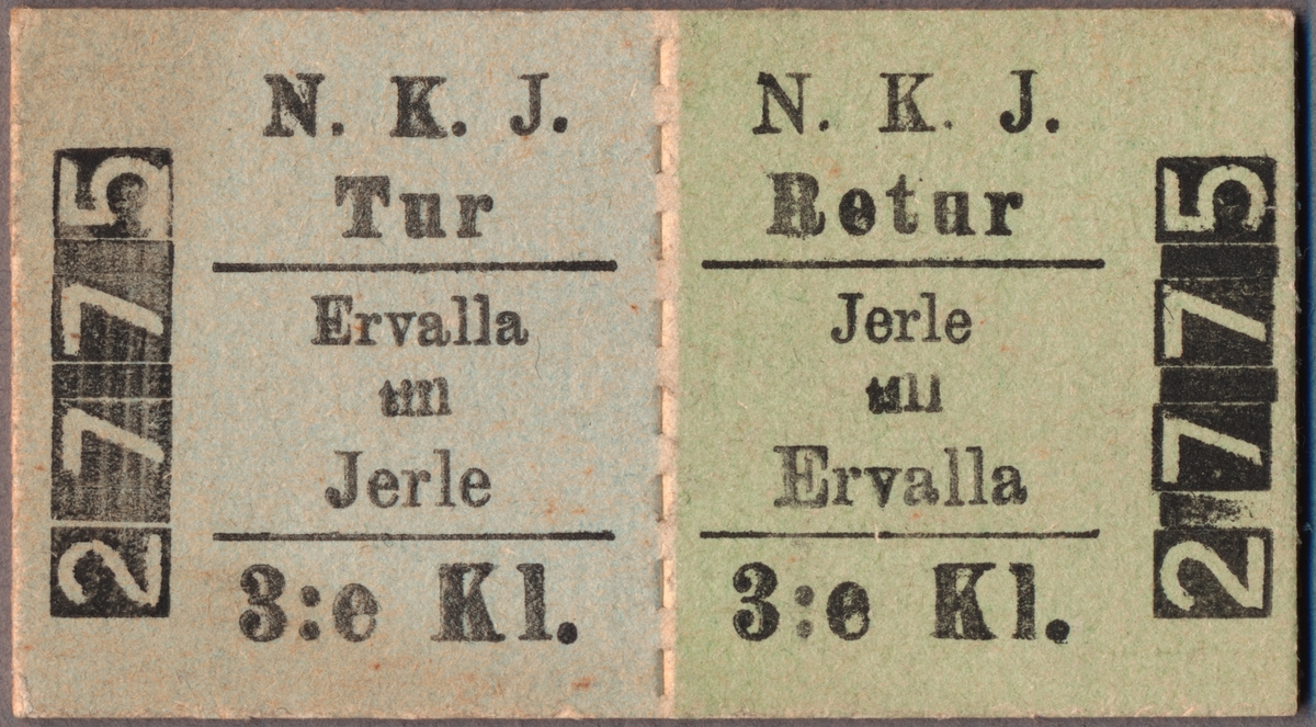 Tvåfärgad biljett av kartong med följande tryckta text:
"N. K. J. Tur Ervalla till Jerle 3:e Kl.",
"N. K. J. Retur Jerle till Ervalla 3:e Kl.".
Biljetten som är ljusblå och ljusgrön har texten tryckt på långsidan. Den har en svagt perforerad sträckad linje på mitten där respektive tur är tryckt på varsitt fält. På så vis är biljetten uppdelad som en "Tur" biljett och en "Retur" biljett. På båda kortsidorna står biljettnumret "2775".

Historik: Kjell Aghult har erhållit biljetten av Trafikinspektör Klas Samuelsson vid Norsbo-Bersbo Järnväg, NBJ, runt 1957. Han fick biljetten, som ingår i en samling, som tack för utförda tjänster, bland annat rapportskrivning.
Se bilaga till samling.