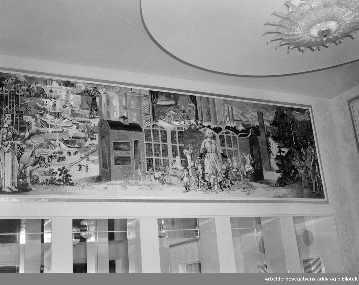 Folketeaterbygningen ( interiører). Per Krohgs maleri i Vestibylen. November 1952